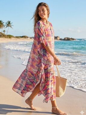 Tamsy Multi Color Stripe Pattern Kaftan Dress One Size Fits Most. Beach Cover Up